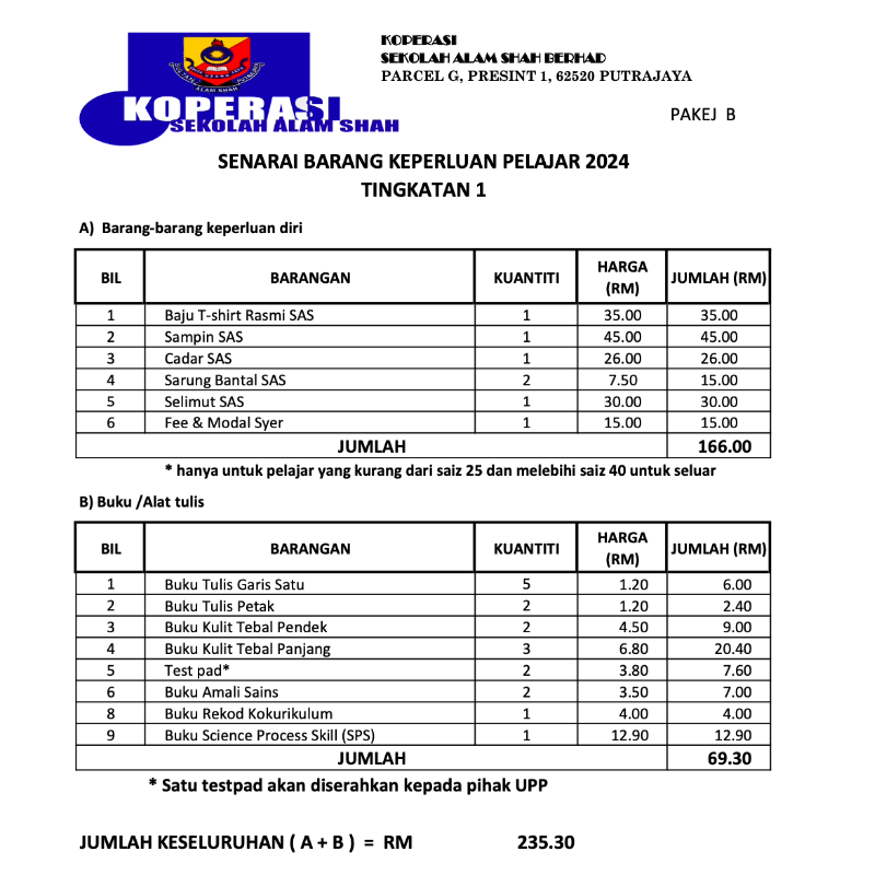 PAKEJ KEPERLUAN MURID TING 1 DAN TING 4 (PAKEJ B) Main Image